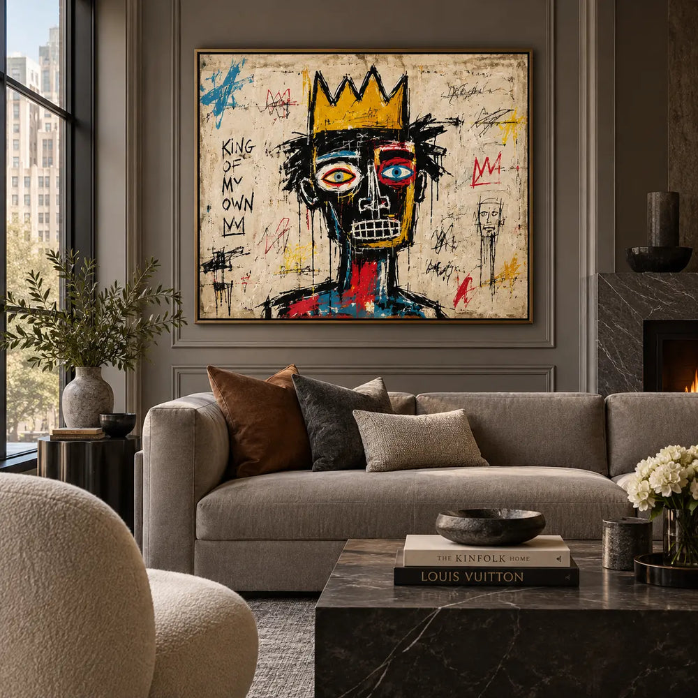 King of My Own Color: artwork above a pale sofa on a paneled wall beside a dark fireplace