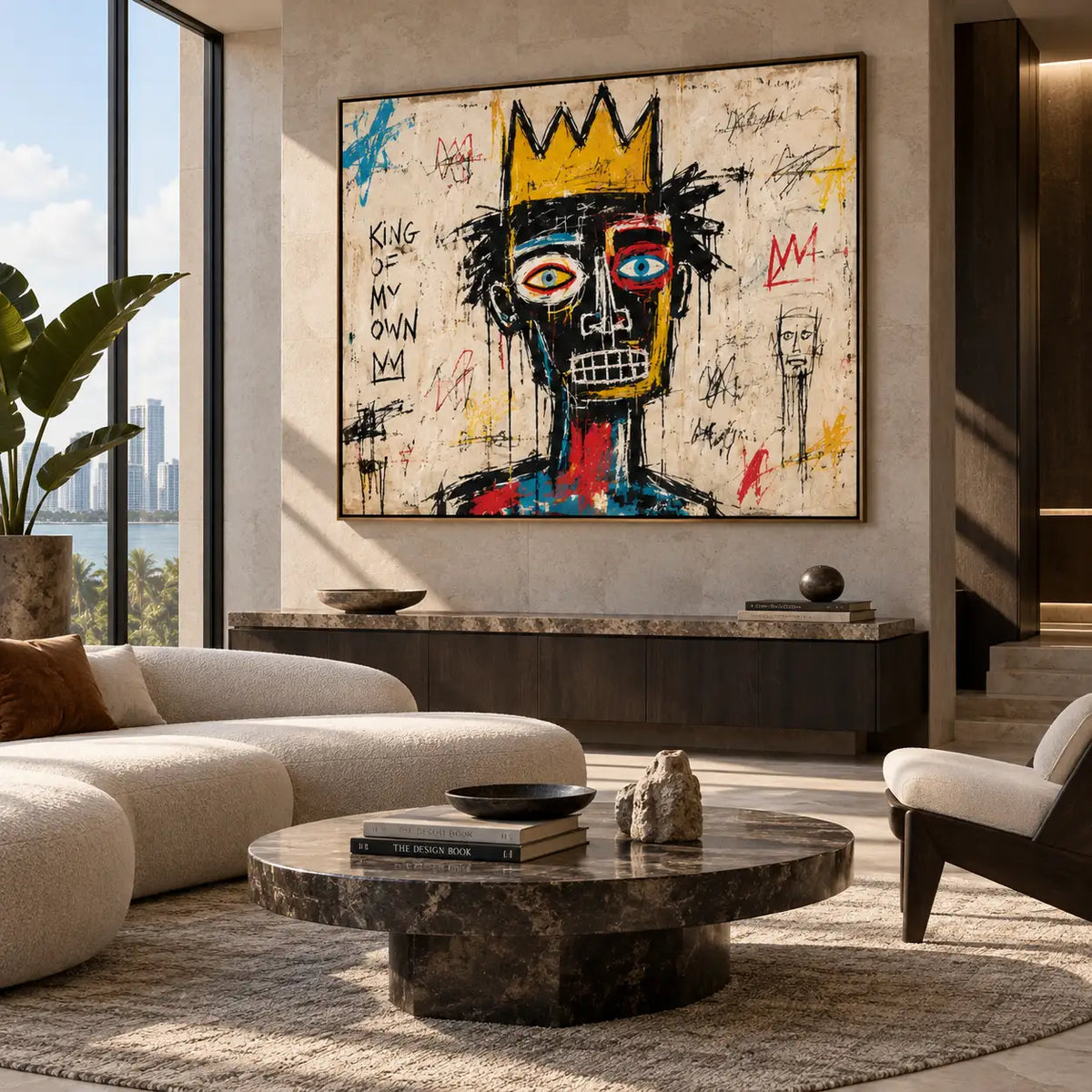 King of My Own Color: artwork above white sculptural seating near a dark console and round stone table