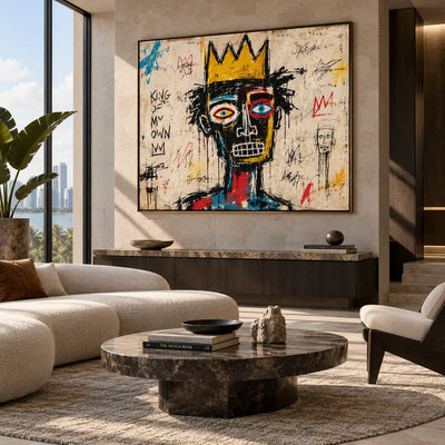 King of My Own Color: artwork above white sculptural seating near a dark console and round stone table