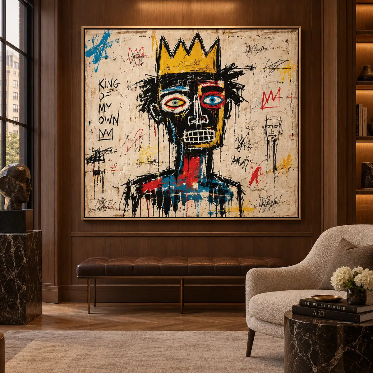 King of My Own Color: artwork above a leather bench on a wood-paneled wall near a cream chair
