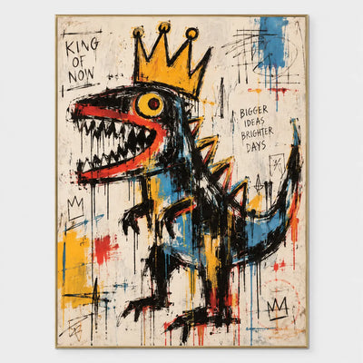 Tall crowned dinosaur with raised blue-striped tail beside KING OF NOW and BIGGER IDEAS BRIGHTER DAYS text