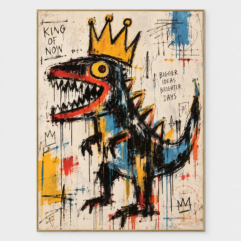 Tall crowned dinosaur with raised blue-striped tail beside KING OF NOW and BIGGER IDEAS BRIGHTER DAYS text