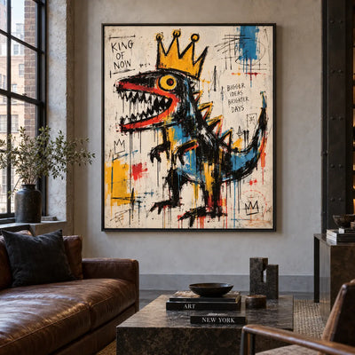 King of Now with a Rising Tail: artwork above a brown sofa beside a tall window and a dark table