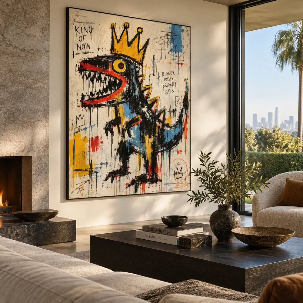 King of Now with a Rising Tail: artwork on a light wall above cream seating with a sunny garden view