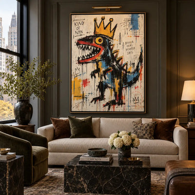King of Now with a Rising Tail: artwork above a green sofa on pale paneling beside bookshelves
