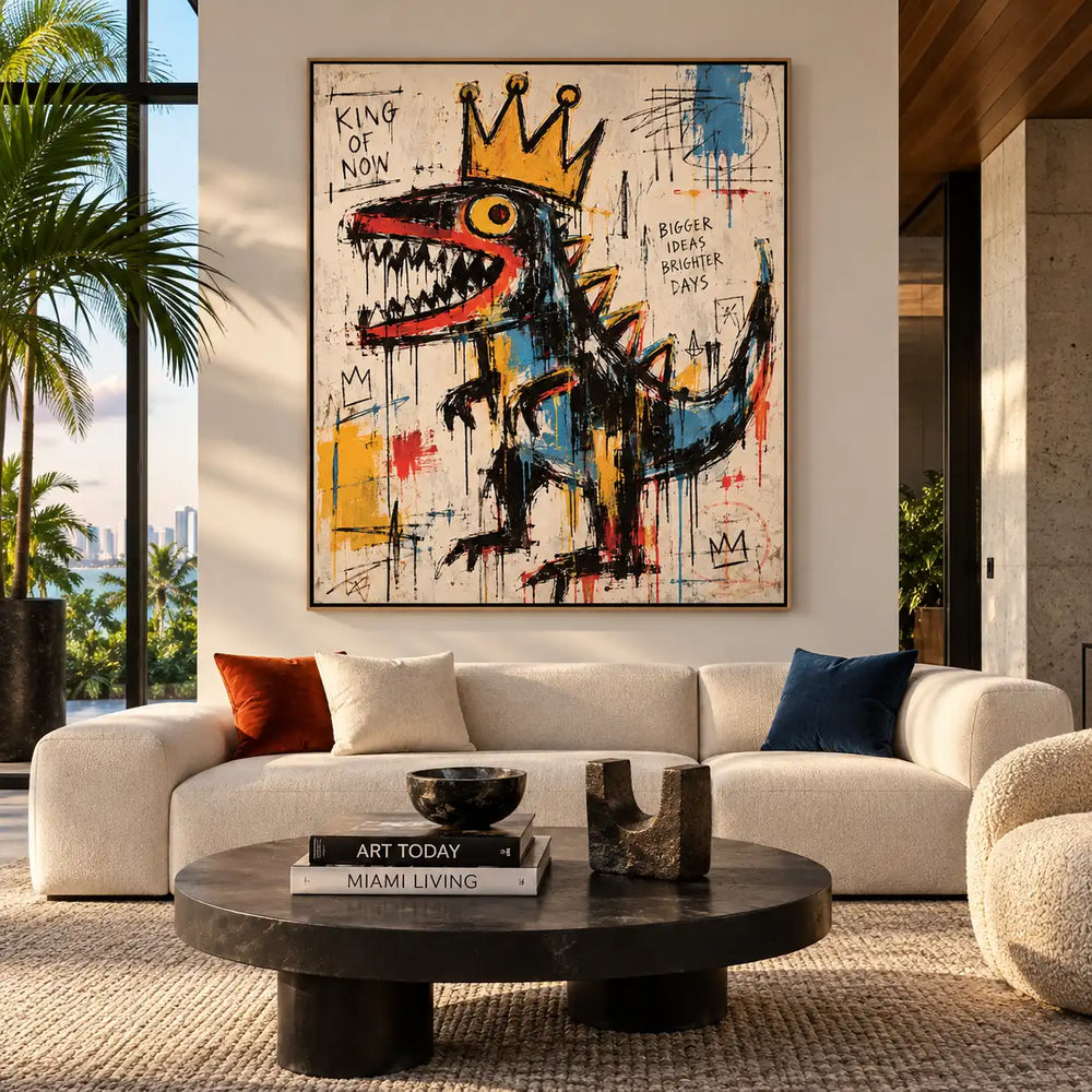 King of Now with a Rising Tail: artwork above a white sofa with rust cushions near a broad window