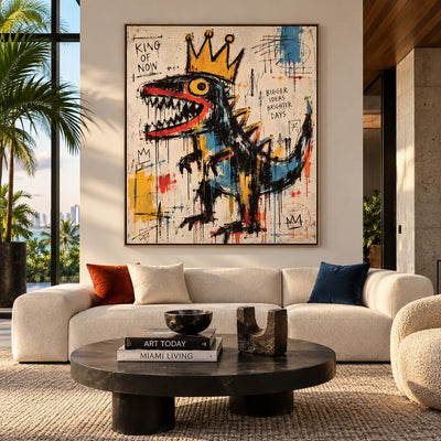 King of Now with a Rising Tail: artwork above a white sofa with rust cushions near a broad window