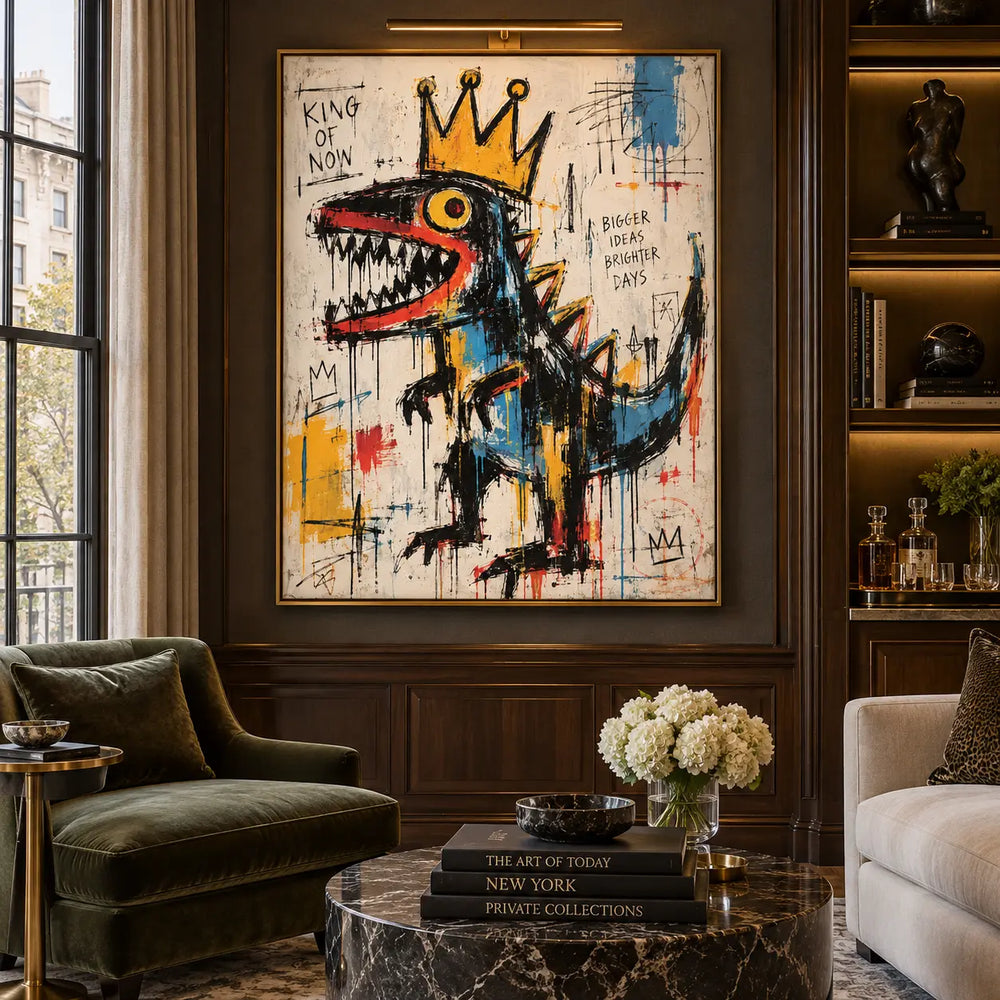 King of Now with a Rising Tail: artwork above green seating beneath a brass picture light beside dark shelves