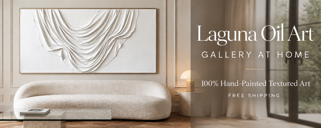 Laguna Oil Art — Gallery at Home. White textured artwork above a curved sofa; 100% hand-painted textured art and free shipping.