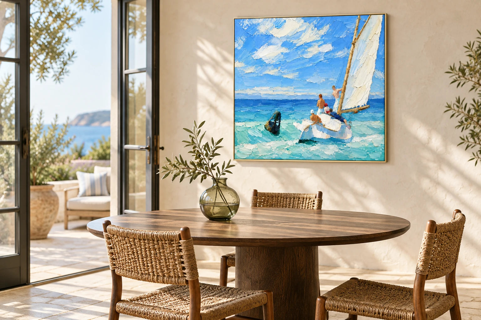 The Blueward Turn sailboat painting above a dark oak table in a coastal dining room