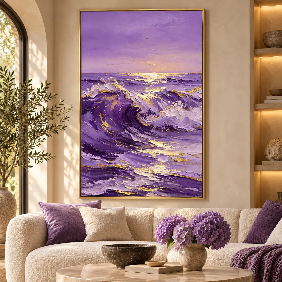Lavender Tide at Sundown: above an ivory sofa beside an arched window and purple flowers