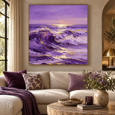 Lavender Tide at Sundown: above a cream sectional with purple pillows and a brass dome lamp
