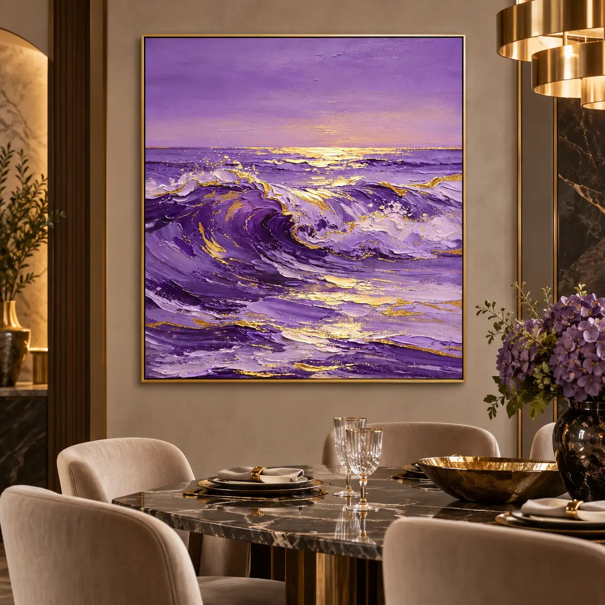 Lavender Tide at Sundown: beside a dark marble dining table and sculptural brass chandelier