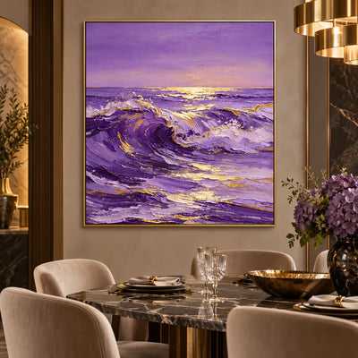 Lavender Tide at Sundown: beside a dark marble dining table and sculptural brass chandelier
