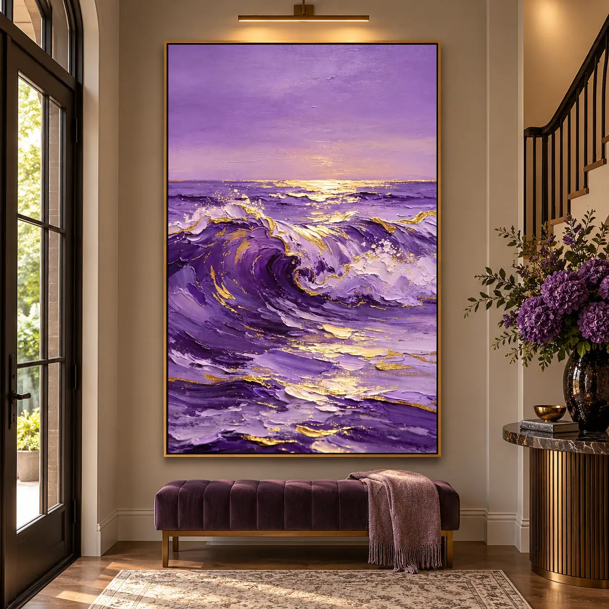 Lavender Tide at Sundown: above a purple bench beside a staircase and picture light