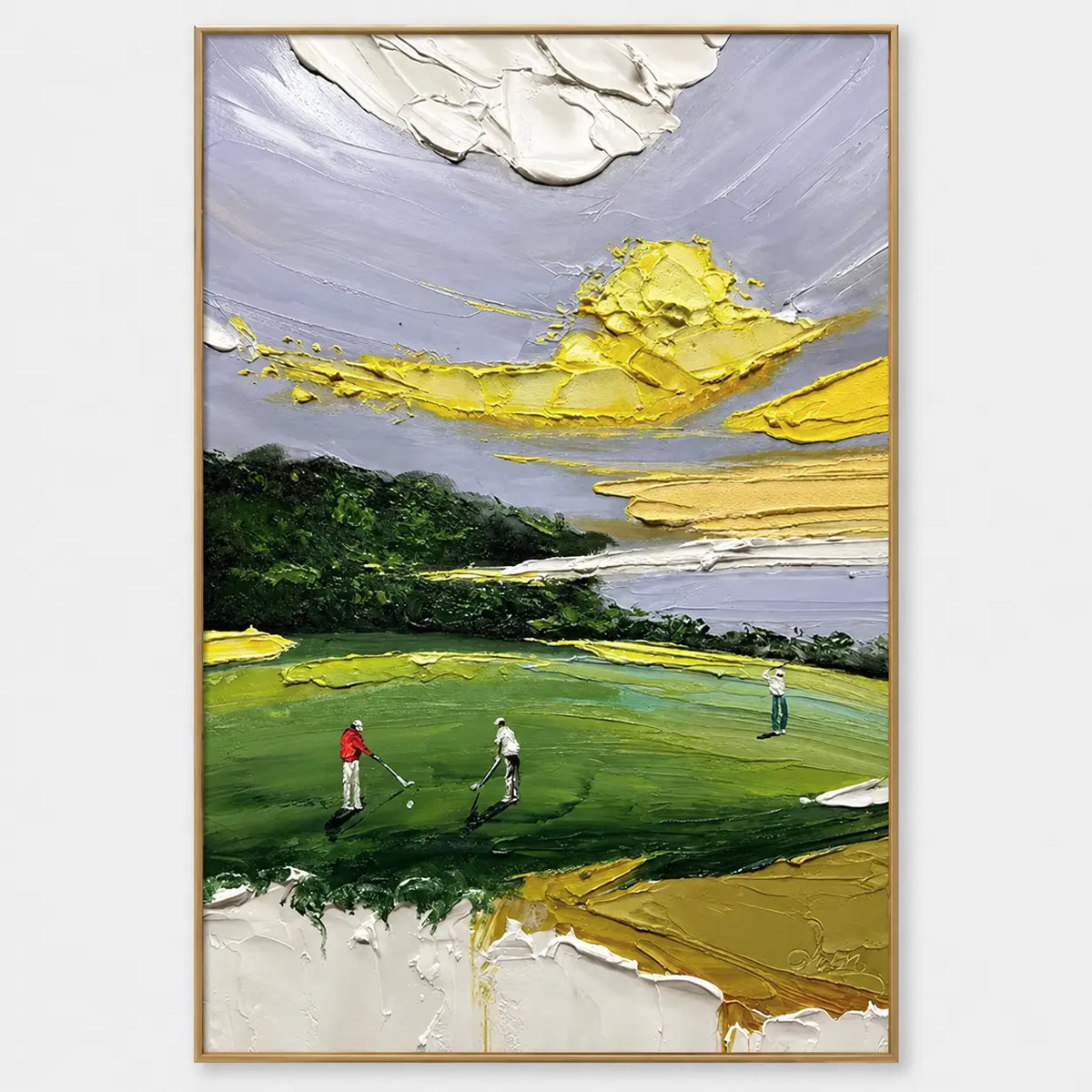 Lemon Sky on the Links: Three small golfers beneath a lemon-yellow sky on an open green