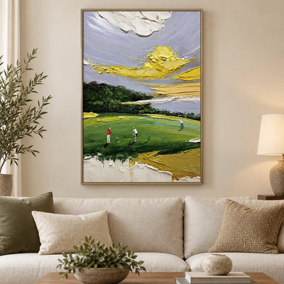 Lemon Sky on the Links: above a cream sofa with olive and tan cushions and a rectangular wood table
