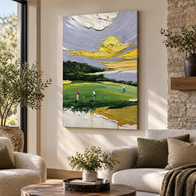 Lemon Sky on the Links: between a black window and stone fireplace beside a cream boucle chair