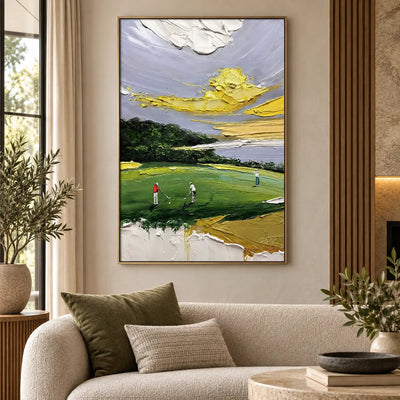 Lemon Sky on the Links: above a rounded cream sofa beside a wood slat fireplace