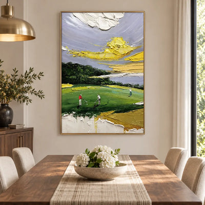 Lemon Sky on the Links: above a wood dining table with white flowers and a brass pendant