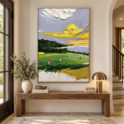 Lemon Sky on the Links: above a rustic console beside a staircase and brass mushroom lamp