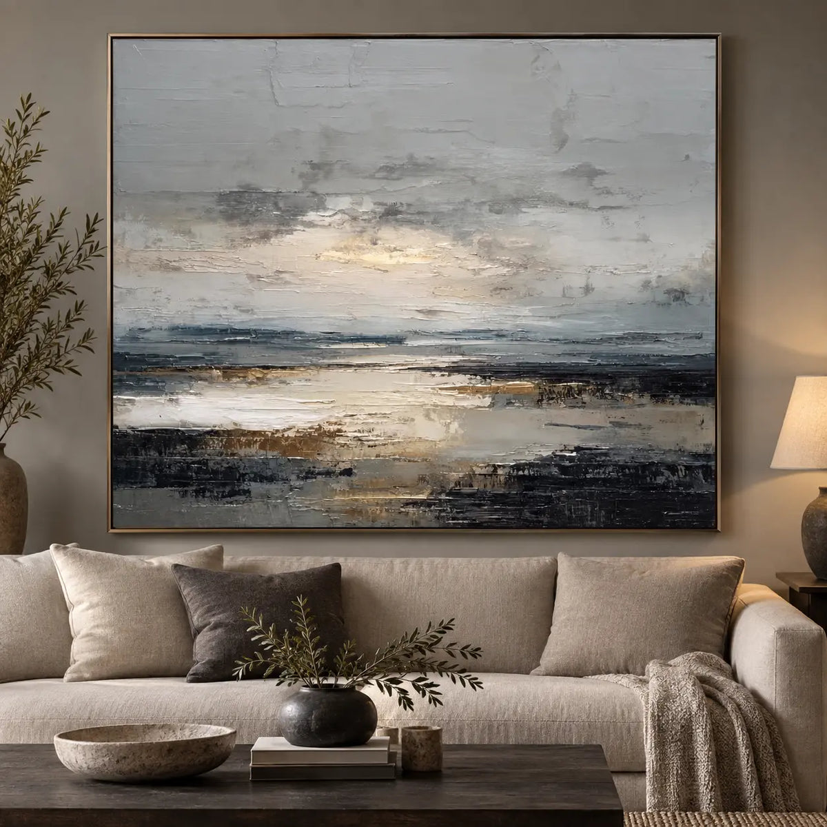 Light Between the Tidal Rocks: above a cream sofa with a gray cushion and rectangular dark table
