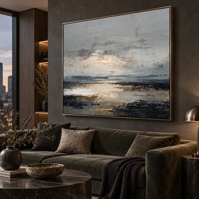 Light Between the Tidal Rocks: angled above an olive sofa beside a dusk city-view window