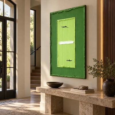 Long Shadows at the Net: above a pale stone entry console near a glass door and staircase