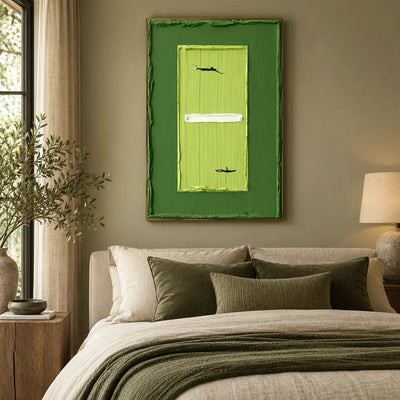 Long Shadows at the Net: above a bed with dark green pillows and coverlet