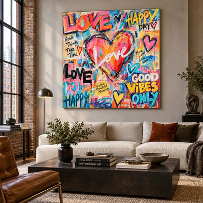 Love in the Middle of Happy: artwork above a cream sofa beside a brass lamp and brown leather chair
