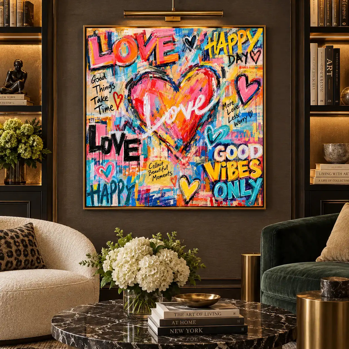 Love in the Middle of Happy: artwork above green seating beside illuminated shelves and a dark marble table