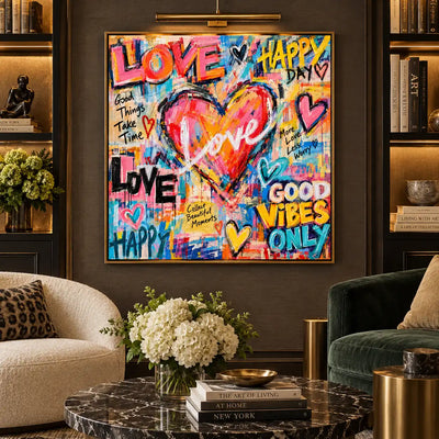 Love in the Middle of Happy: artwork above green seating beside illuminated shelves and a dark marble table