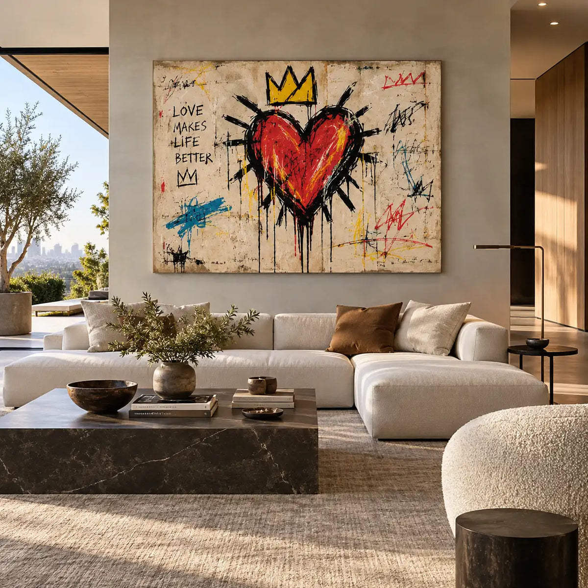 Love Makes a Crown: artwork above a white sectional overlooking a garden with a dark coffee table