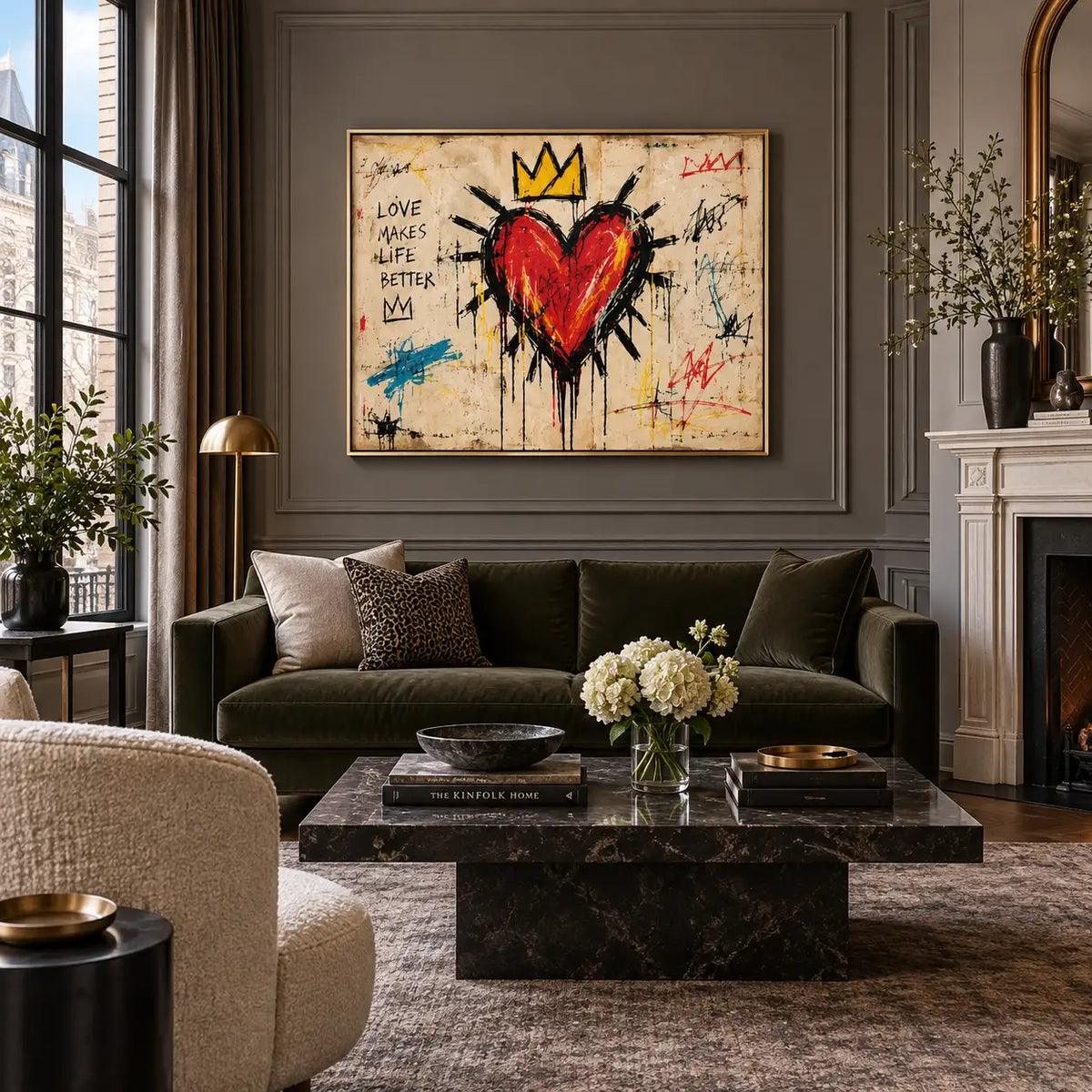 Love Makes a Crown: artwork above a green sofa on pale paneling beside a fireplace