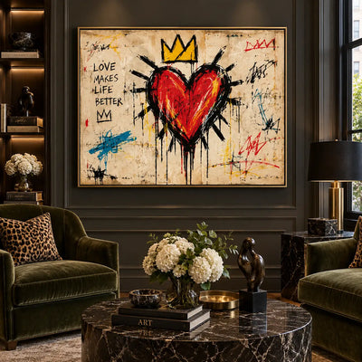 Love Makes a Crown: artwork above green seating in a dark paneled room with bookshelves