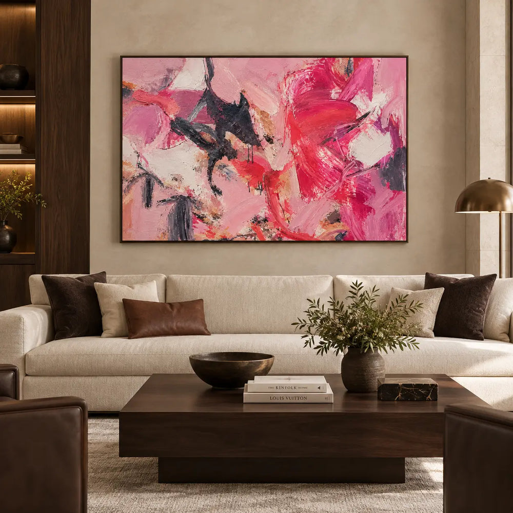 Magenta Turning on the Right: above a cream sofa with brown cushions and a dark wooden table