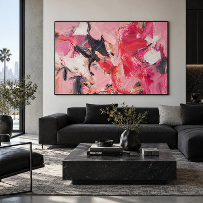 Magenta Turning on the Right: above a black sofa beside a tall window and dark marble table