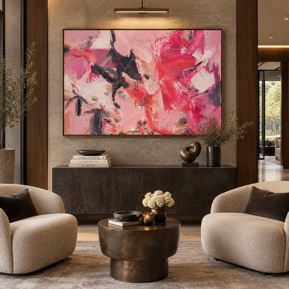 Magenta Turning on the Right: above a long dark console between cream chairs beneath a picture light