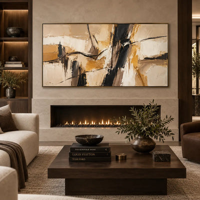 Ochre Across the Dark Divide: above a linear fireplace with a low wooden coffee table