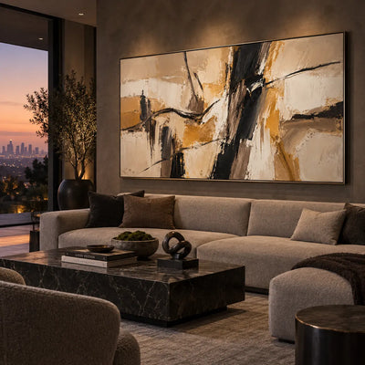 Ochre Across the Dark Divide: above a taupe sectional beside a sunset skyline and black marble table