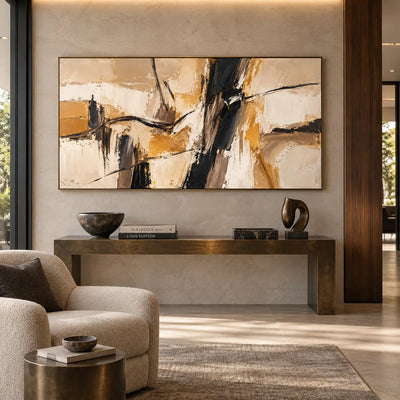 Ochre Across the Dark Divide: above a long console beside a cream chair and brass side table