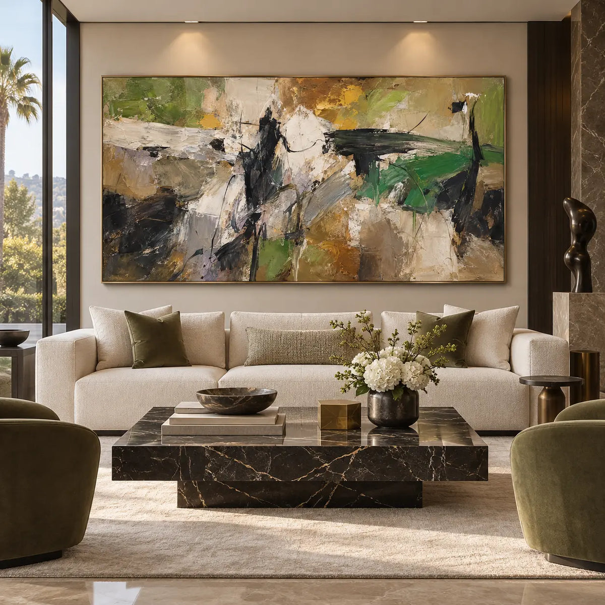 Olive Spanning the White Break: above a white sofa with green cushions and a low marble table