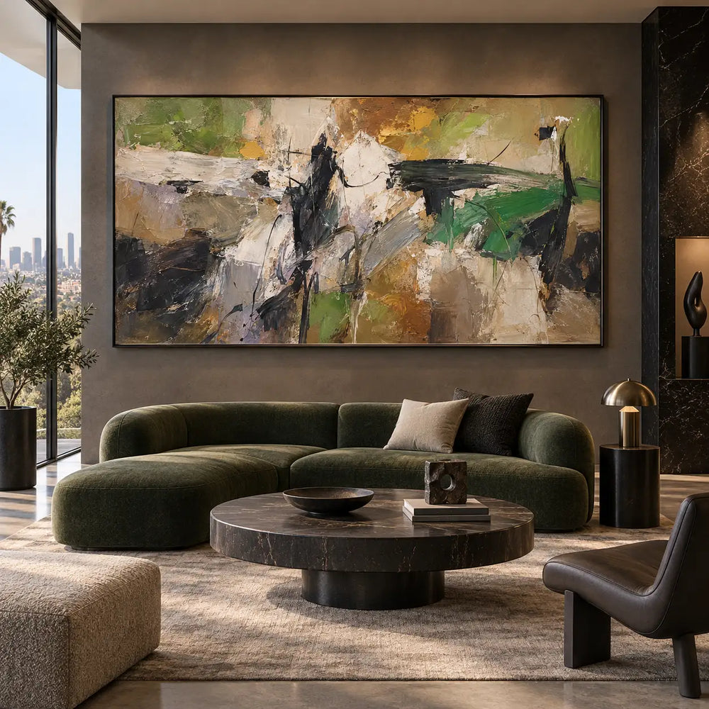 Olive Spanning the White Break: above a curved green sofa with an oval dark stone table