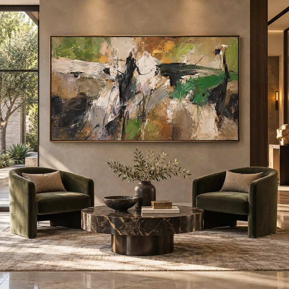 Olive Spanning the White Break: above two green armchairs and a round marble coffee table