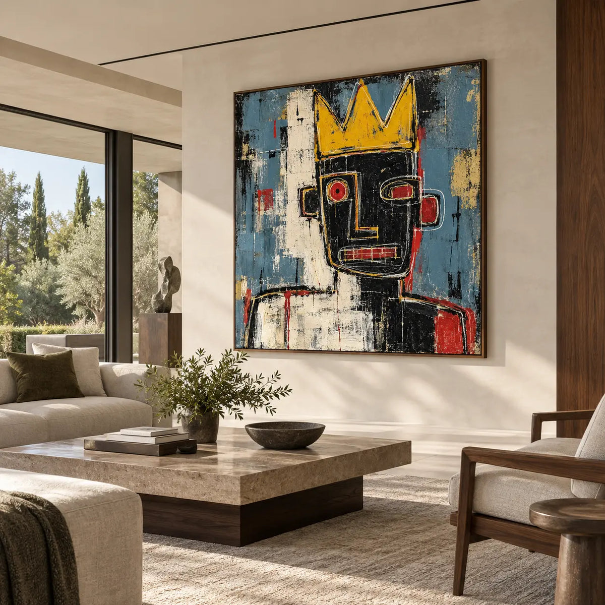One Red Eye Under a Crown: artwork on a pale stone wall above cream seating facing a garden
