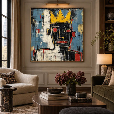 One Red Eye Under a Crown: artwork above a cream sofa beneath a picture light on pale paneling