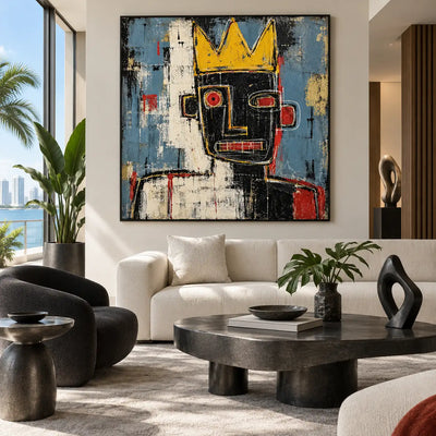 One Red Eye Under a Crown: artwork above white seating and a low black table beside tropical foliage