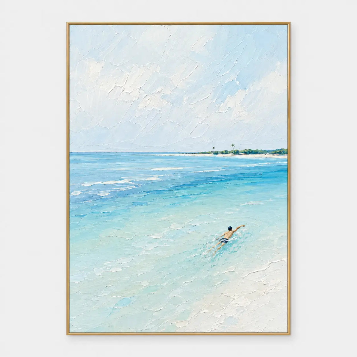 One Stroke Toward the Palms: Lone swimmer stretches diagonally toward upper right through pale turquoise shallows
