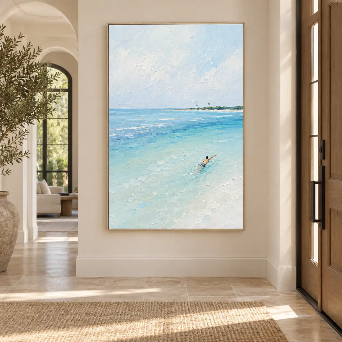 One Stroke Toward the Palms: on an entry wall beside a wood door and arched hallway