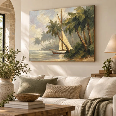 Palms at Anchor above a sofa with olive cushions beside an arched stone opening